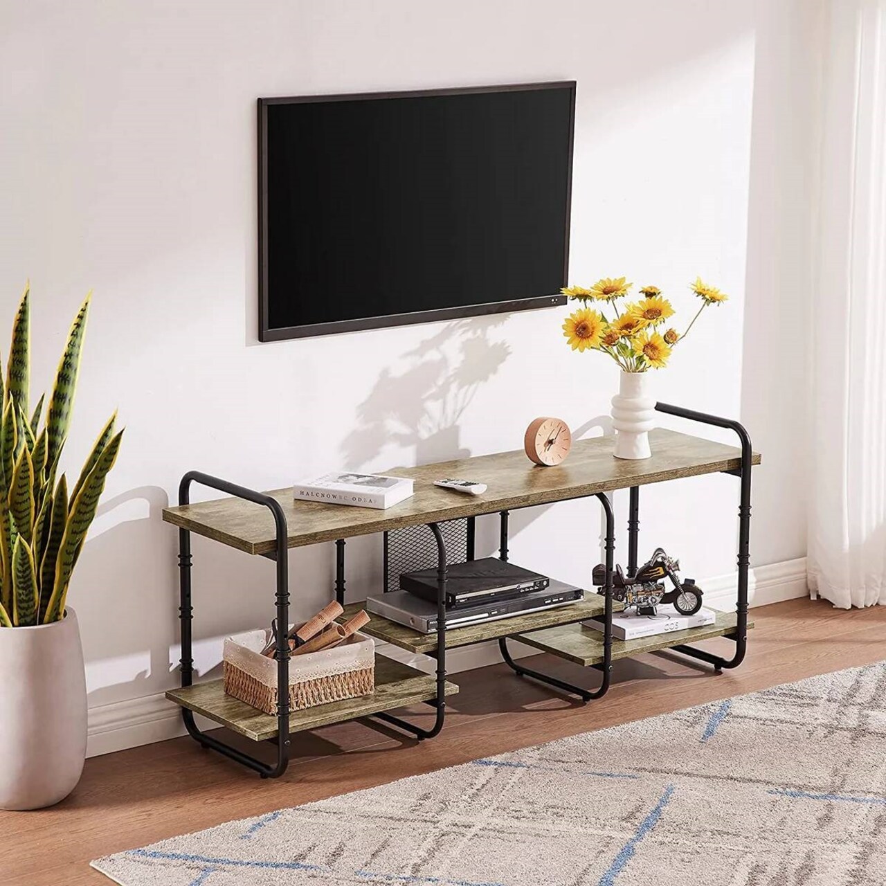 Wood Metal TV Stand with Open Shelves for TVs up to 60 Inches